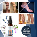 Spray hidratante e refrescante para as pernas da marca Kunpeng, embalagem com frasco prateado e spray.