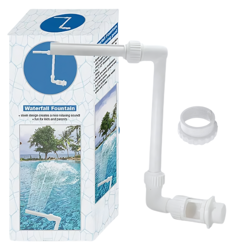 Acessório para piscina e spa Kurtrussel com fontaine e cascata de água, instalado na borda da piscina.