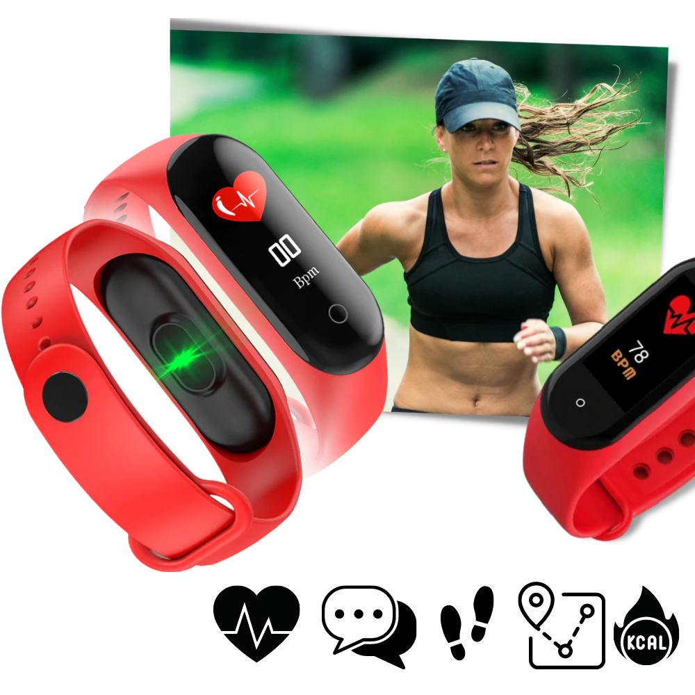 Bracelete de fitness preto Lallcas para monitoramento de forma física e sono, com visor digital e pulseira ajustável.
