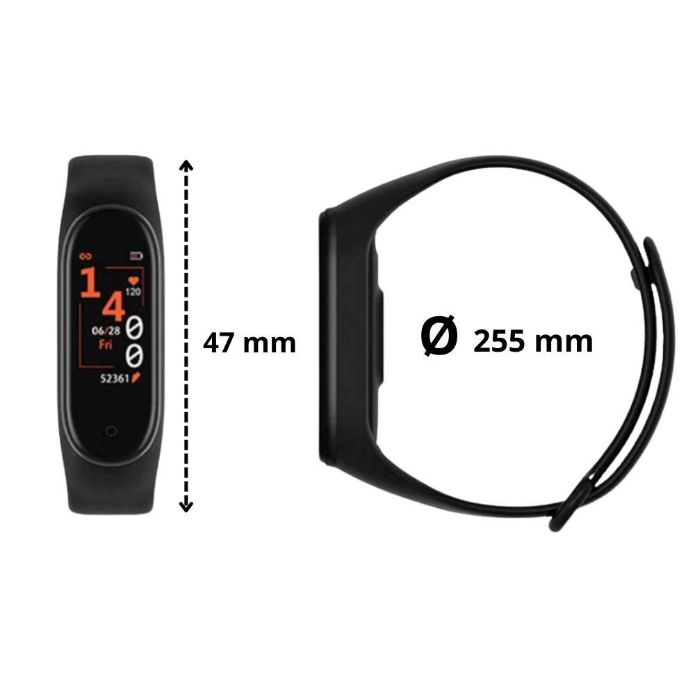 Pulseira de fitness Lallcas em preto para monitoramento de forma física e sono, ideal para treinos e saúde.