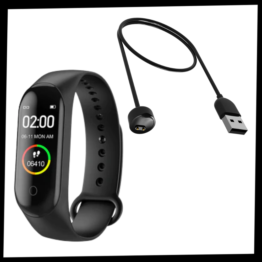 Pulseira de fitness Lallcas preta para monitoramento de forma física e sono, com visor digital e pulseira ajustável.
