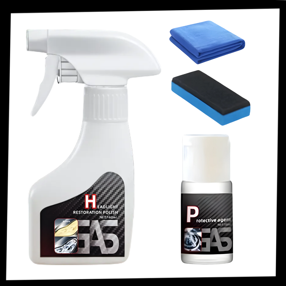 Kit de limpeza e restauração de faróis Lawor para veículos, incluindo ferramentas e produtos para manutenção de faróis.
