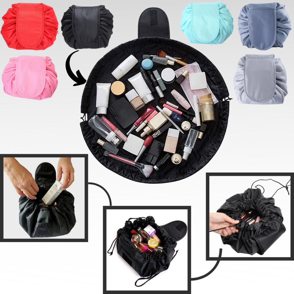 Pochette de maquiagem dobrável com cordão de fechamento da marca Lay-N-Go, trousse de toilette preta e compacta.