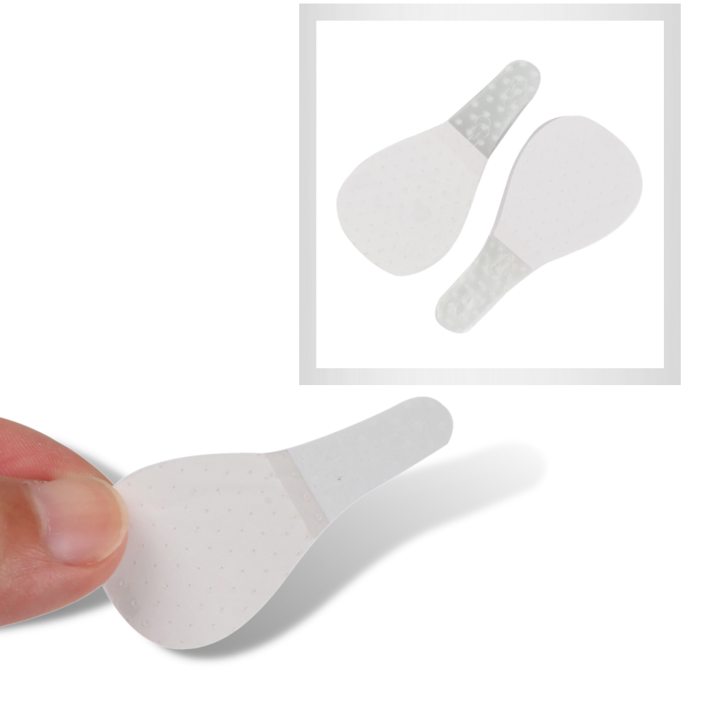 Autocollants invisíveis da Ldyso para lifting facial, com embalagem e aplicação visíveis em fundo branco.