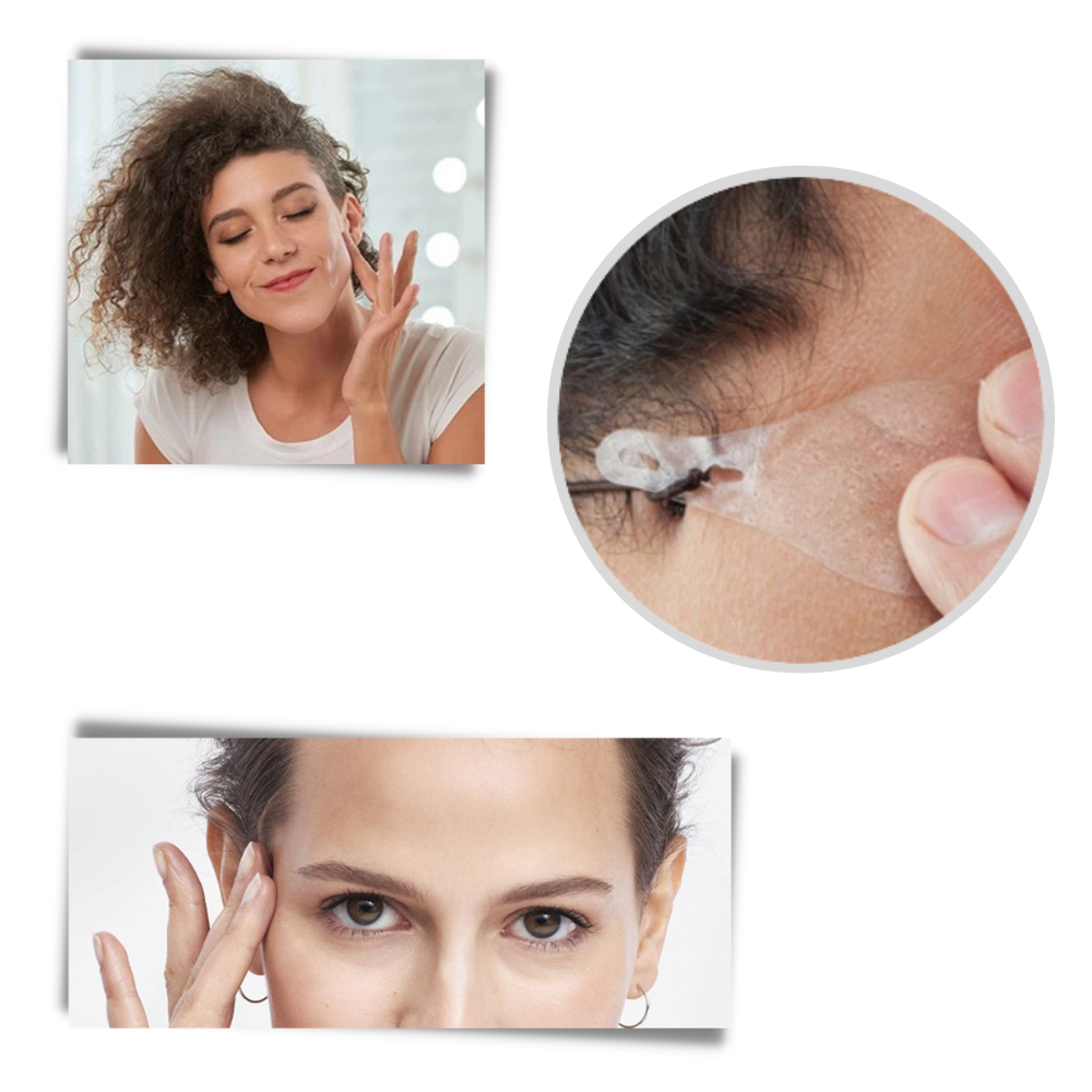 Autocollants invisíveis para lifting facial da marca Ldyso, demonstrando aplicação na pele do rosto.