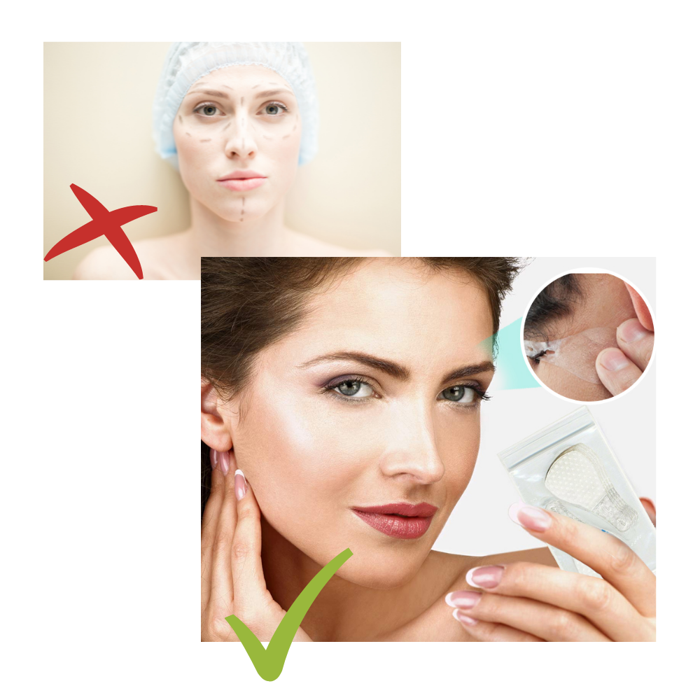 Autocollants invisíveis para lifting facial da marca Ldyso, mostrando o produto aplicado na pele para efeito de firmeza.