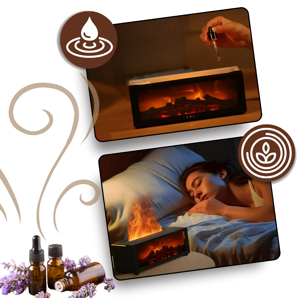 Difusor de óleos essenciais com simulação de lareira LED, para jardim, da marca Outlier, com iluminação acolhedora e aroma relaxante.
