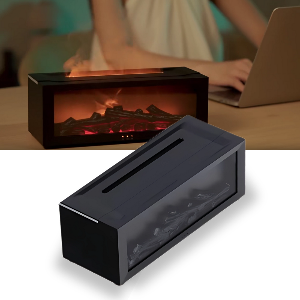 Difusor de óleos essenciais Outlier com simulação de lareira LED, ideal para ambientes ao ar livre e decoração de jardim.