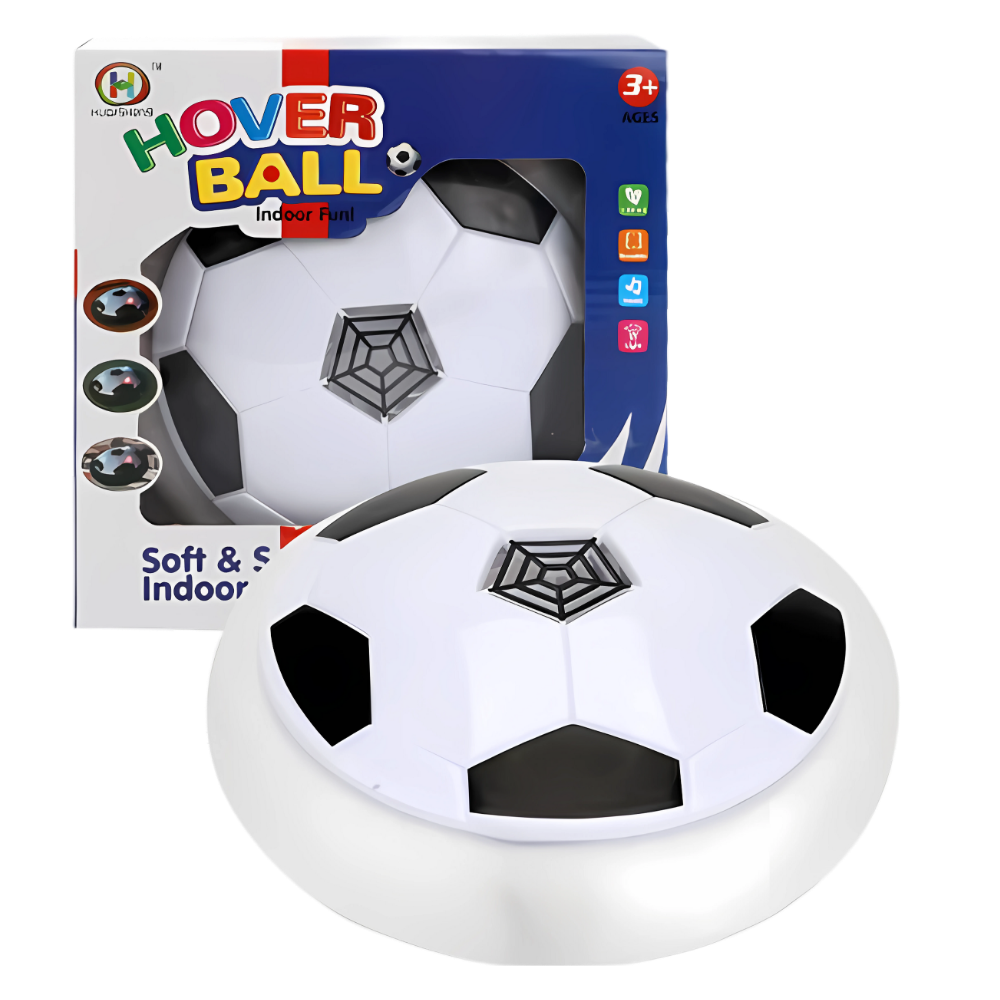Bola flutuante luminosa LED branca com luz e música, brinquedo de atividade da marca Homyl, em fundo branco.