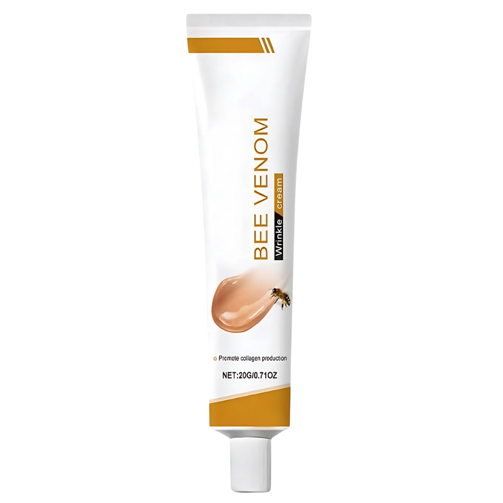 Sérum e creme antienvelhecimento da Left Wind com veneno de abelha, embalados em tubo de cosméticos.