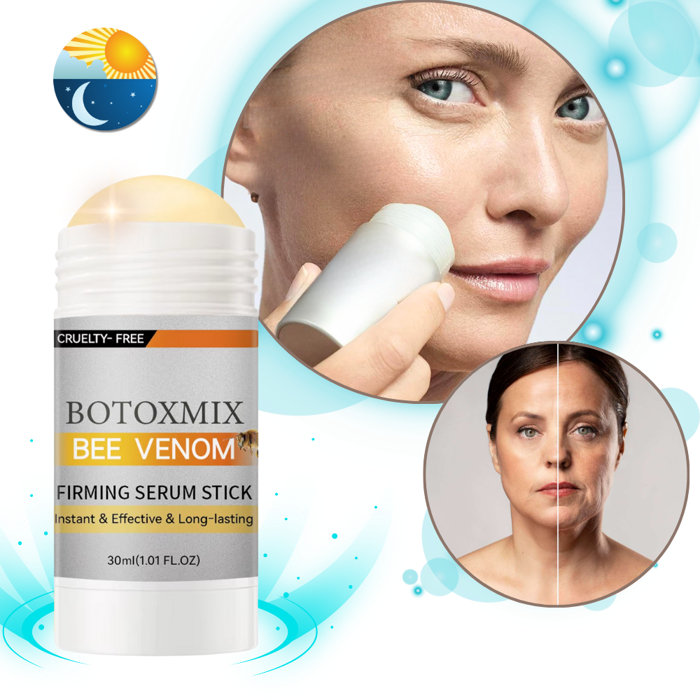 Serum e creme anti-idade da Left Wind com veneno de abelha, apresentados em embalagem de bastão para cuidados faciais.