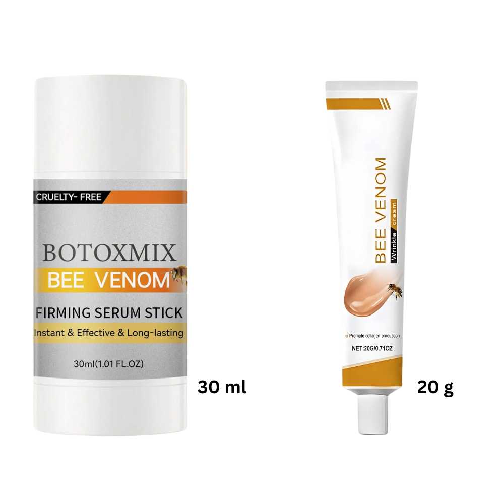 Serum e creme antienvelhecimento da Left Wind com veneno de abelha para revitalizar a pele, imagem de embalagem.
