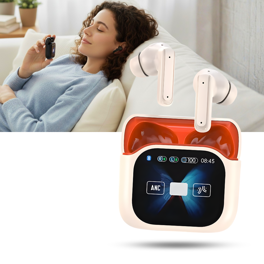 Fones de ouvido Bluetooth Lelisten com redução de ruído e tela sensível ao toque, na cor bege.