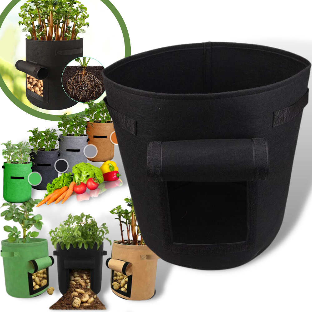 Pochete de tecido preta para jardineira de legumes, ideal para cultivo de hortaliças, marca Lemonbest, em ambiente de jardinagem
