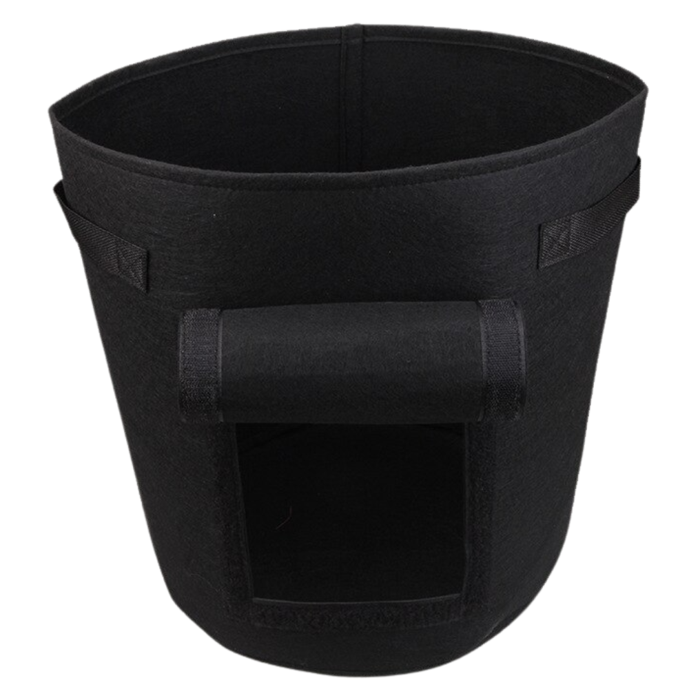 Pochette em tecido preta para jardineira de legumes, produto de jardinagem Lemonbest, visível com detalhes do tecido e fechamento.