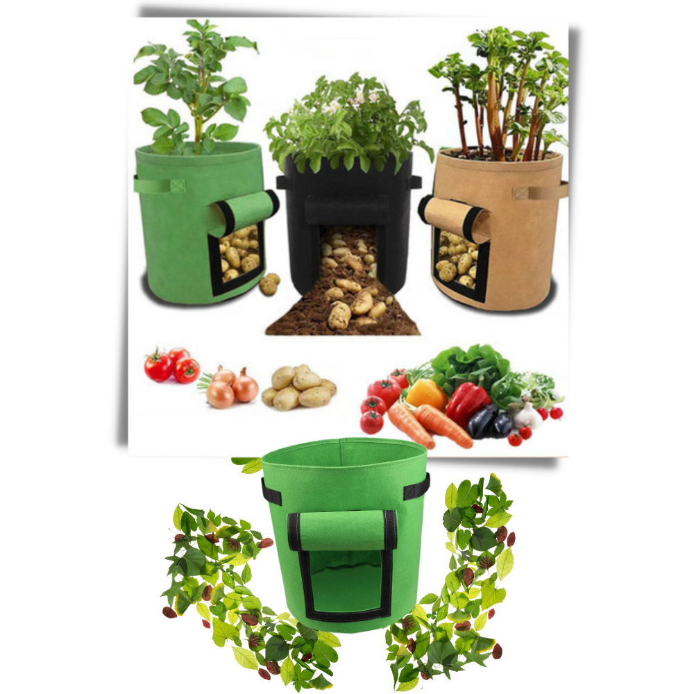 Pochette de tecido preta para jardineira de legumes, ideal para jardinagem, marca Lemonbest, vista de perto.