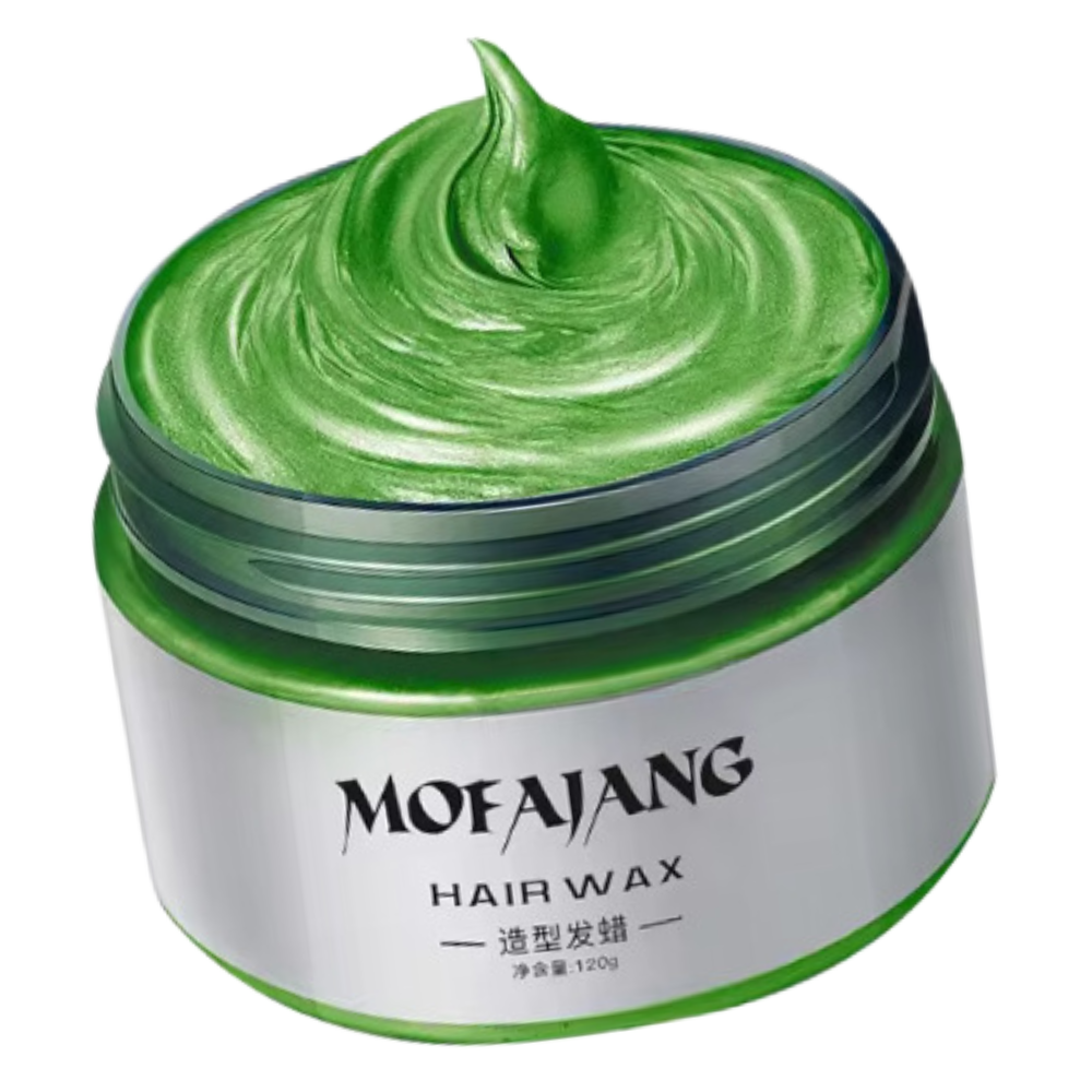 Cera capilar colorante verde da Leshp para cuidados capilares, com textura de cera e efeito colorido nos cabelos.