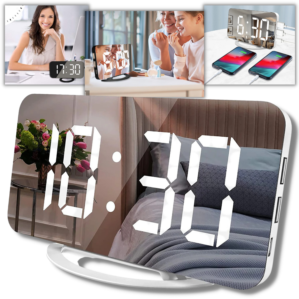Relógio despertador digital multifuncional Lianwany com espelho branco e tela clara, ideal para quarto ou escritório.