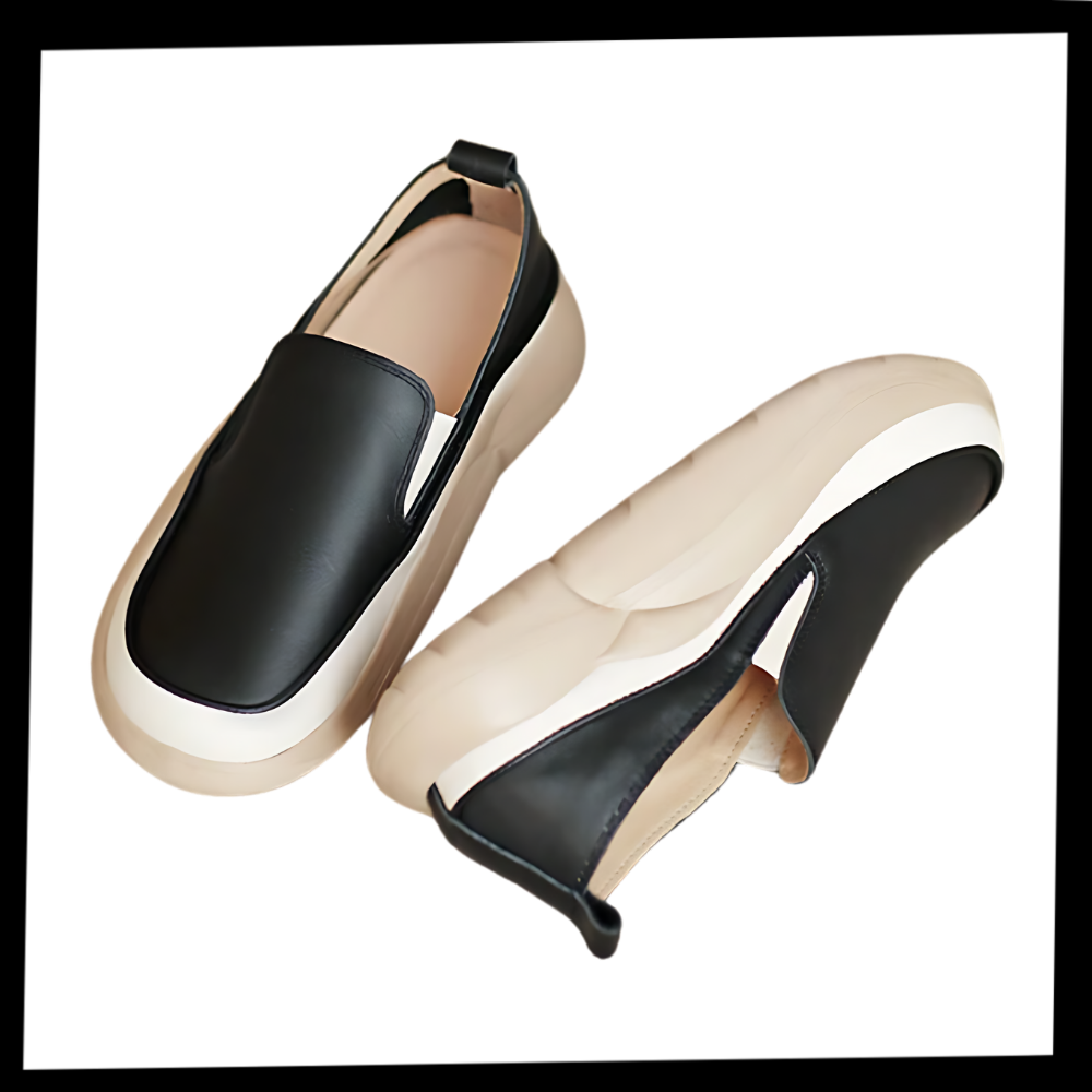 Mocassins leves e macios com plataforma, calçados femininos da marca Lacyhop, exibidos em embalagem com vários pares.