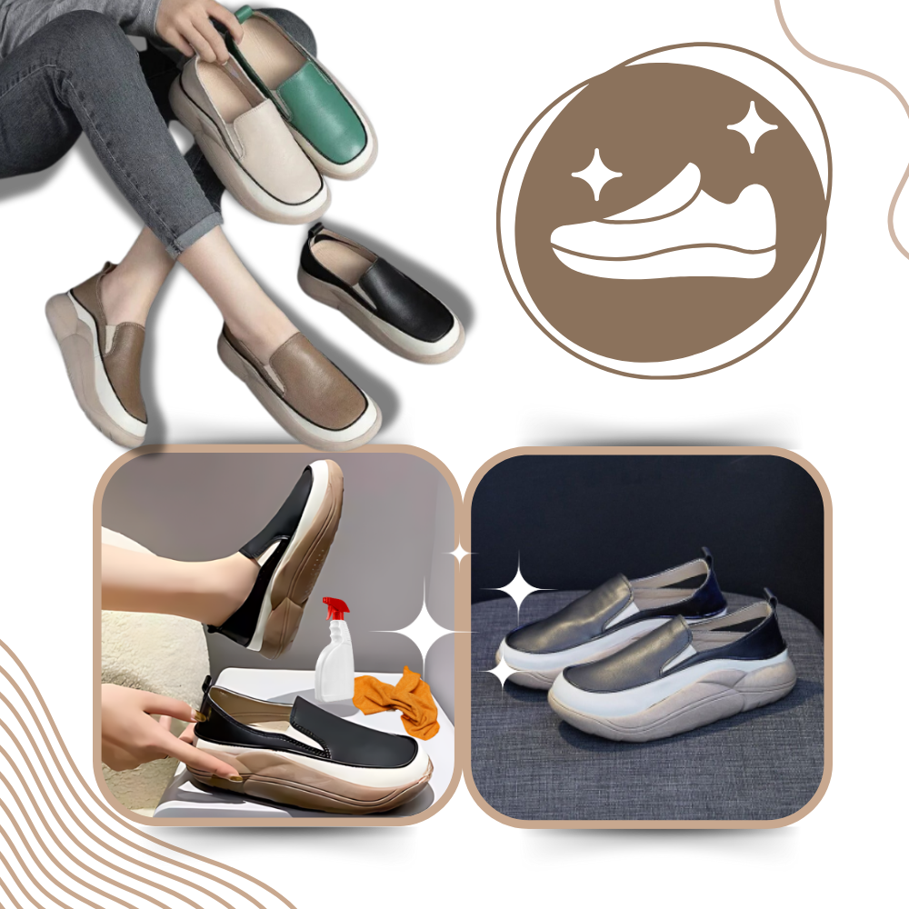 Mocassins leves e macios com plataforma na cor bege, calçados confortáveis da marca Lacyhop, visíveis com detalhes em couro.