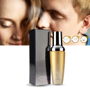 Óleo capilar Lingouzi com feromônios para estimular o humor, apresentando frasco com óleo transparente e embalagem elegante.
