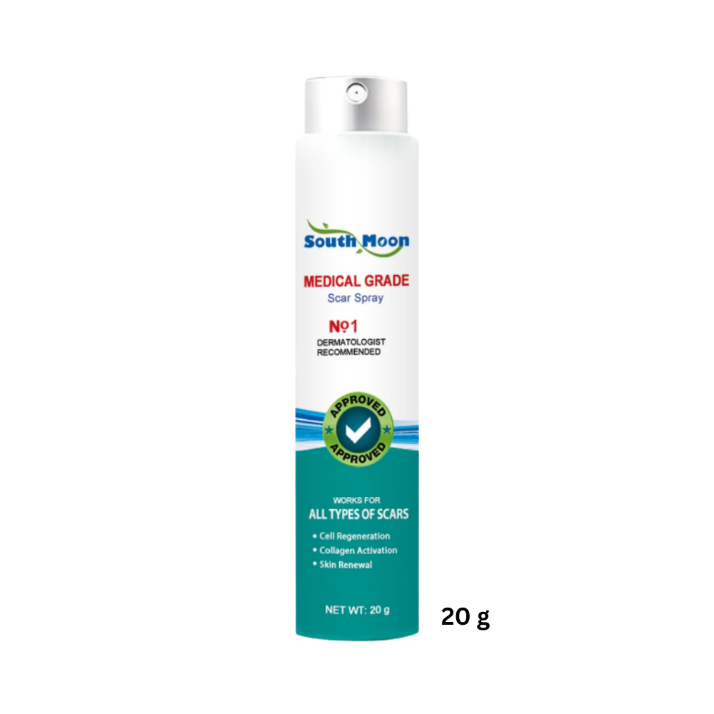 Spray terapêutico da Lnkhfs para eliminação de cicatrizes, frasco com pulverizador e rótulo na embalagem de cosméticos.