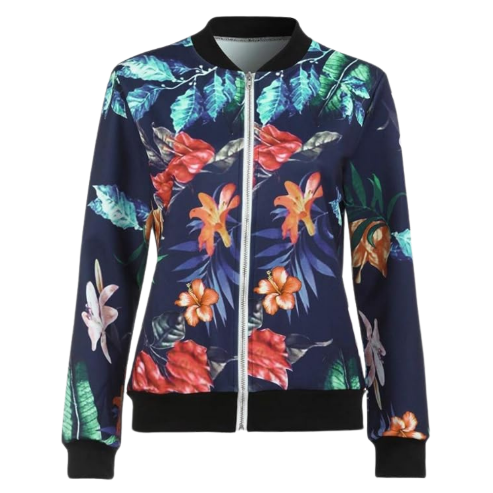 Jaqueta bomber azul com estampa floral de mangas longas, veste de roupas de exterior da marca Ozerty France.