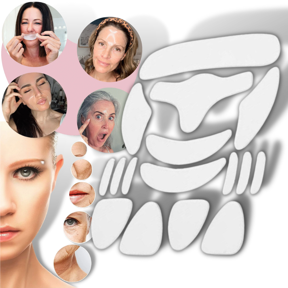 Conjunto de 16 patches de silicone anti-idade para o rosto da marca Lzndeal, usados para reduzir linhas de expressão e rugas.