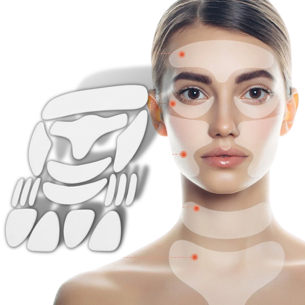 Conjunto de 16 patches de silicone anti-rugas para o rosto na embalagem da marca Lzndeal, usados para cuidados cosméticos faciais.