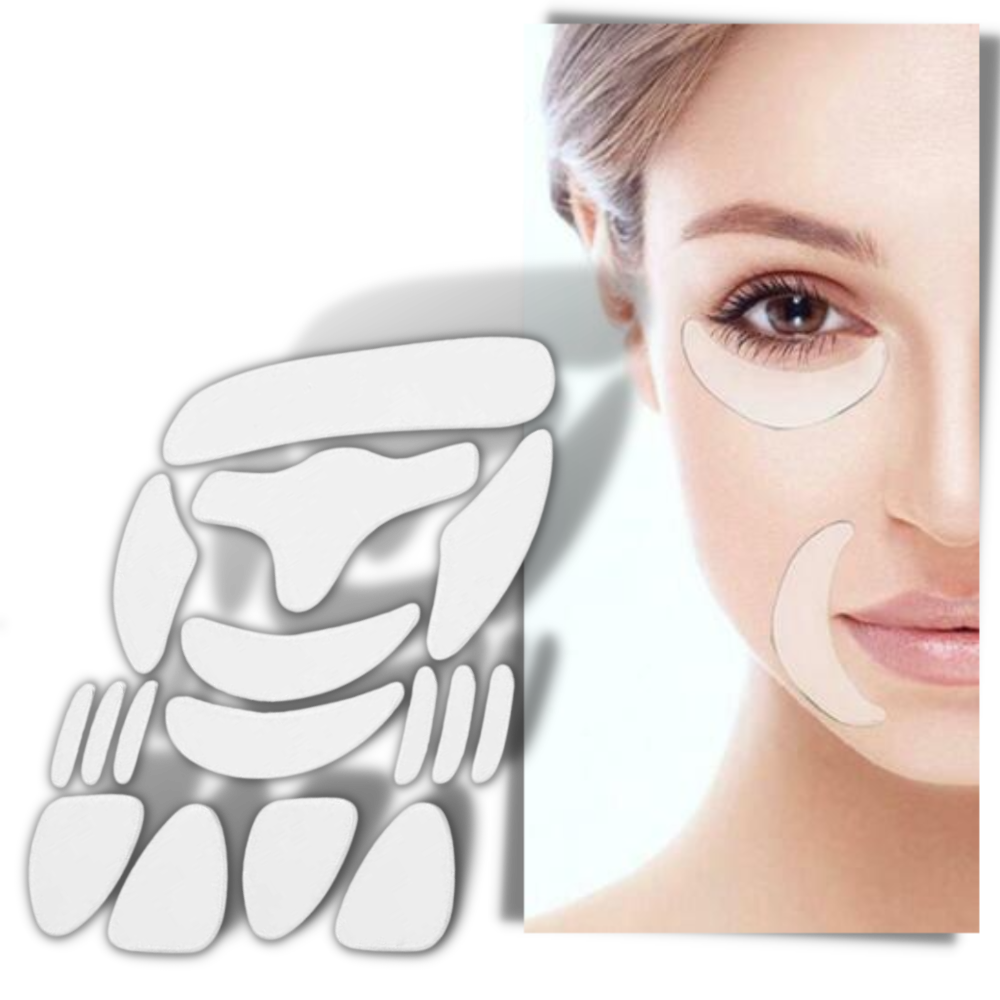 Conjunto de 16 patches de silicone anti-rugas para o rosto da marca Lzndeal, utilizados para cuidados cosméticos faciais.