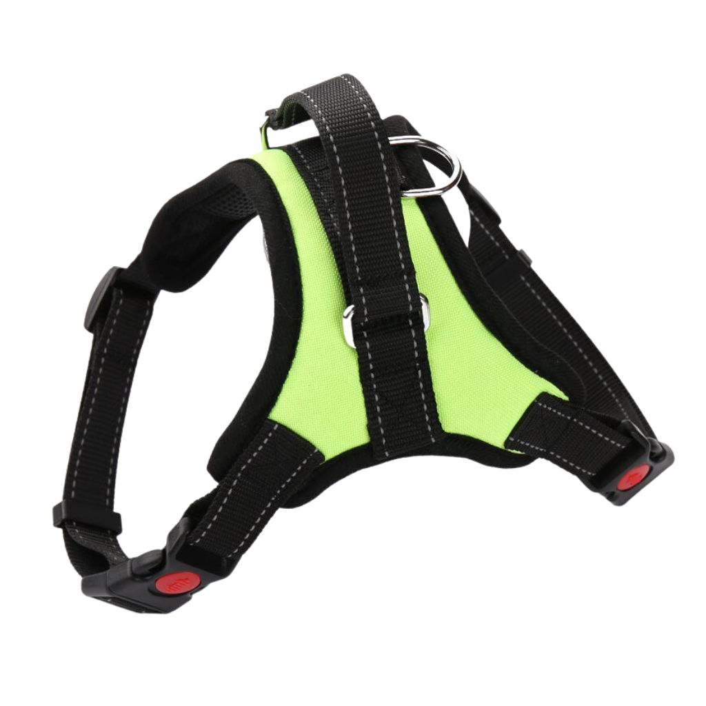 Harnais ajustável para cachorro Magicfly com fita refletiva, pele de nylon preta, confortável e seguro para passeios ao ar livre.