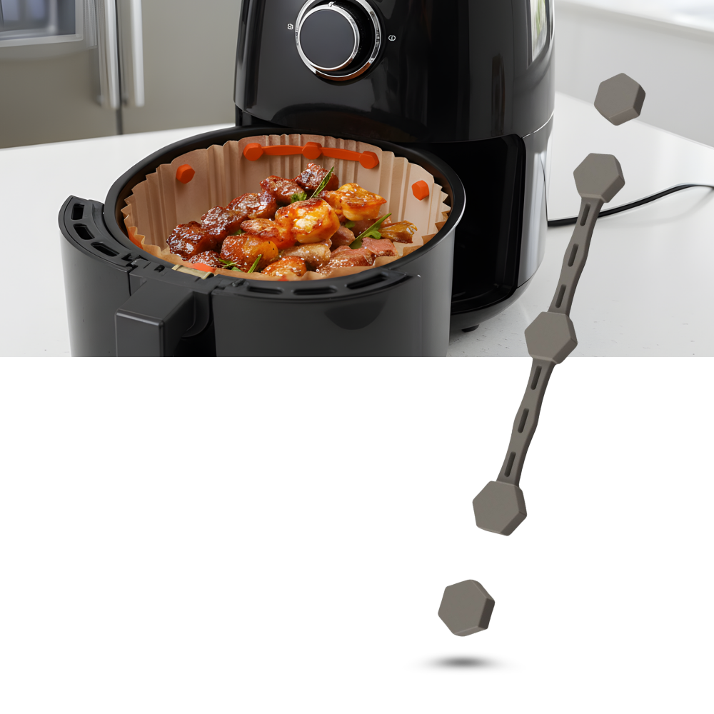 Clips magnéticos de silicone para Airfryer, acessório de cozinha da marca Haful, usados para prender papel vegetal na Airfryer.
