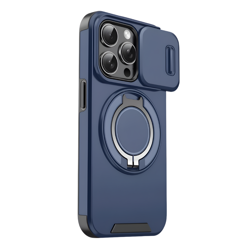 Capa magnética azul para iPhone da marca Mayzer, proteção de telefone com acabamento elegante e sistema de fixação magnética.