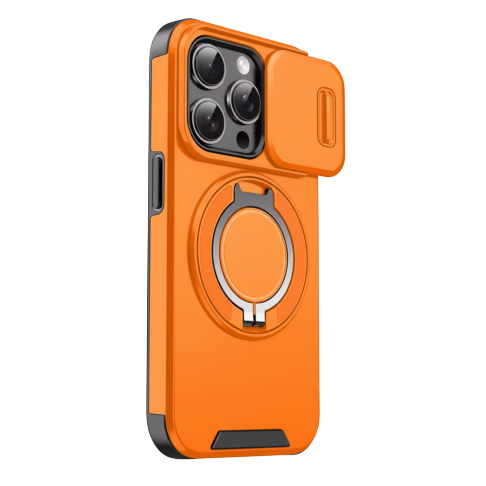 Capa magnética laranja para iPhone da Mayzer, proteção de telefone com design resistente e compatível com carregamento sem fio.