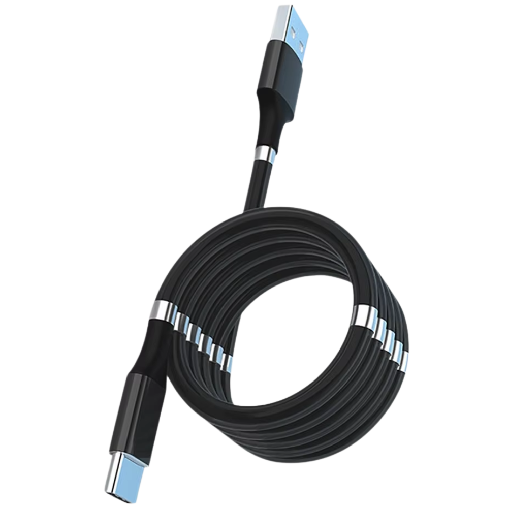 Cabo USB magnético Agptek preto, tipo C, de 1,8m, para dispositivos eletrônicos com conector magnético flexível.