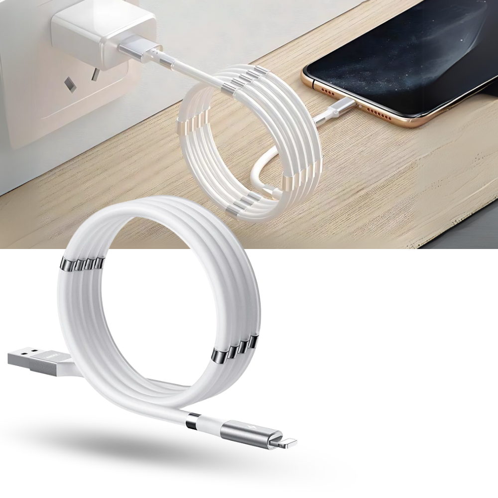 Cabo USB magnético Agptek, cabo flexível para dispositivos eletrônicos com conexão magnética, em uso com aparelho eletrônico.