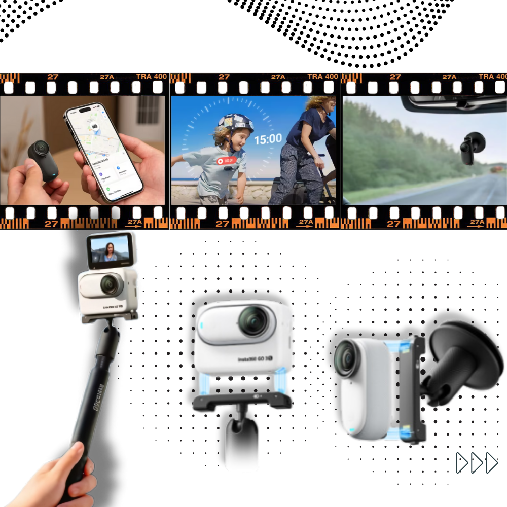 Câmera Insta 360 sem fio com montagem magnética da Randolph, ideal para gravações mãos livres e uso fácil.