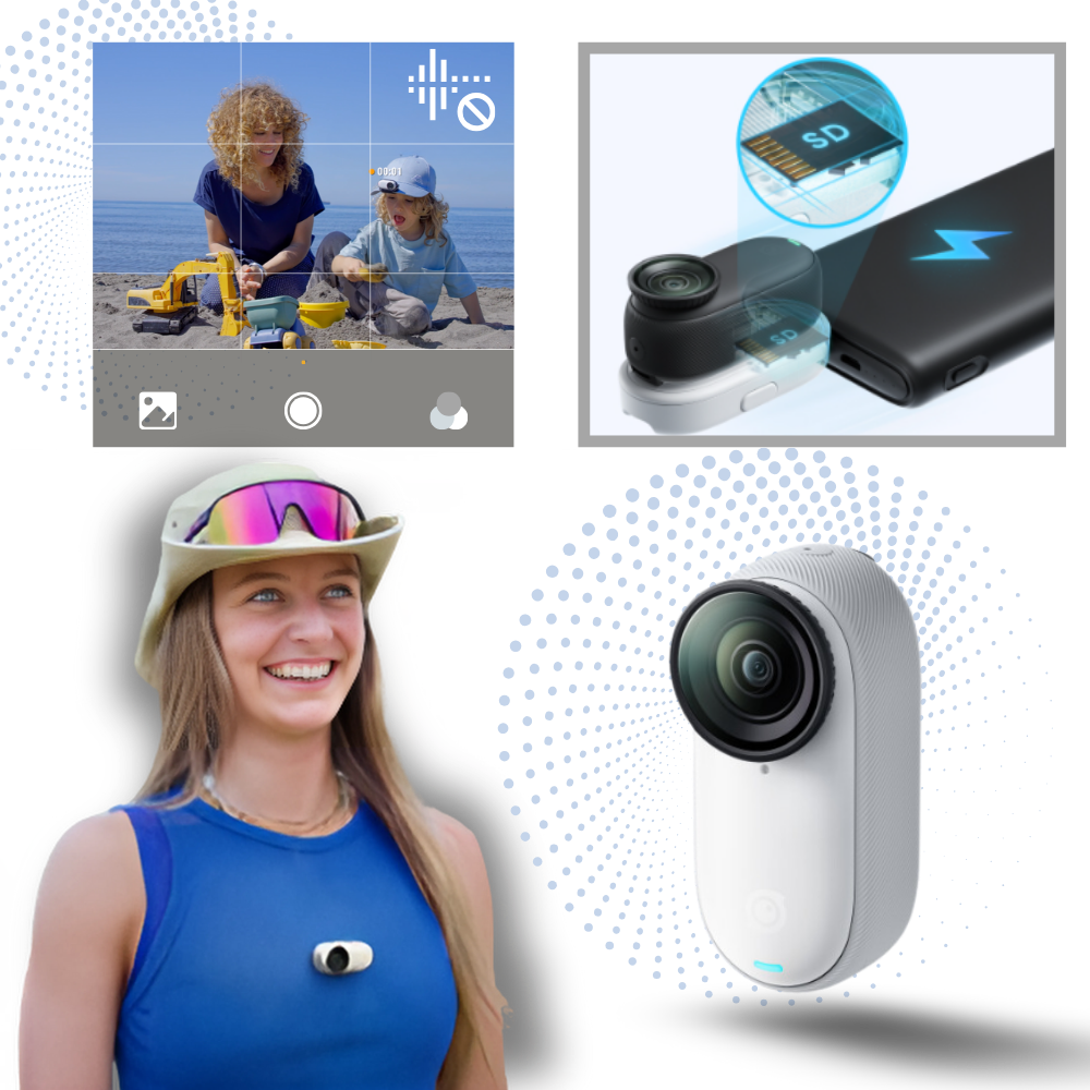 Câmera Insta 360 sem fio com montagem magnética, dispositivo de captura de vídeo em mãos livres, da marca Randolph.