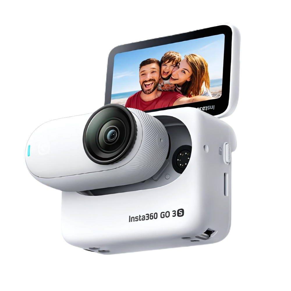 Câmera Insta 360 sem fio com montagem magnética da Randolph, com design branco para captura de fotos e vídeos mãos livres.