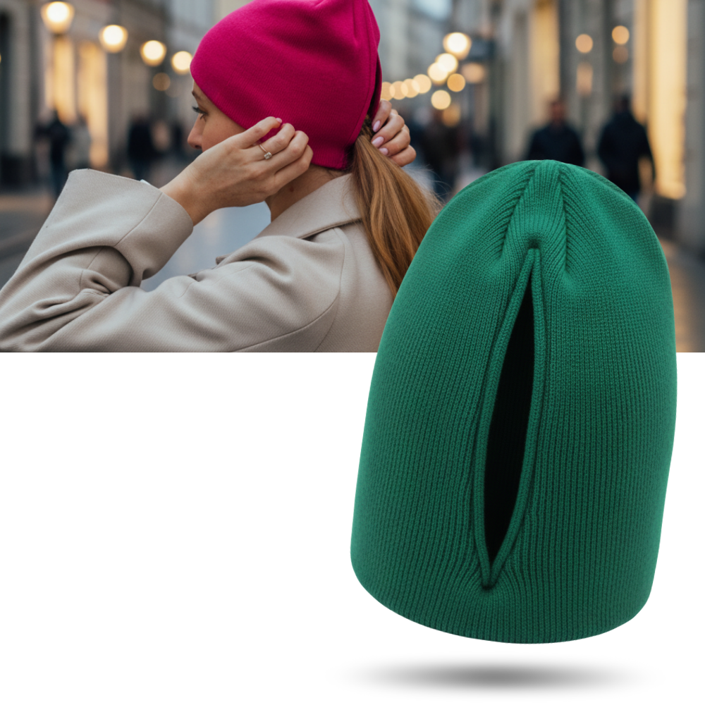 Chapéu feminino Homyl com abertura magnética para rabo de cavalo, tecido confortável e estilo prático para cabelos presos.