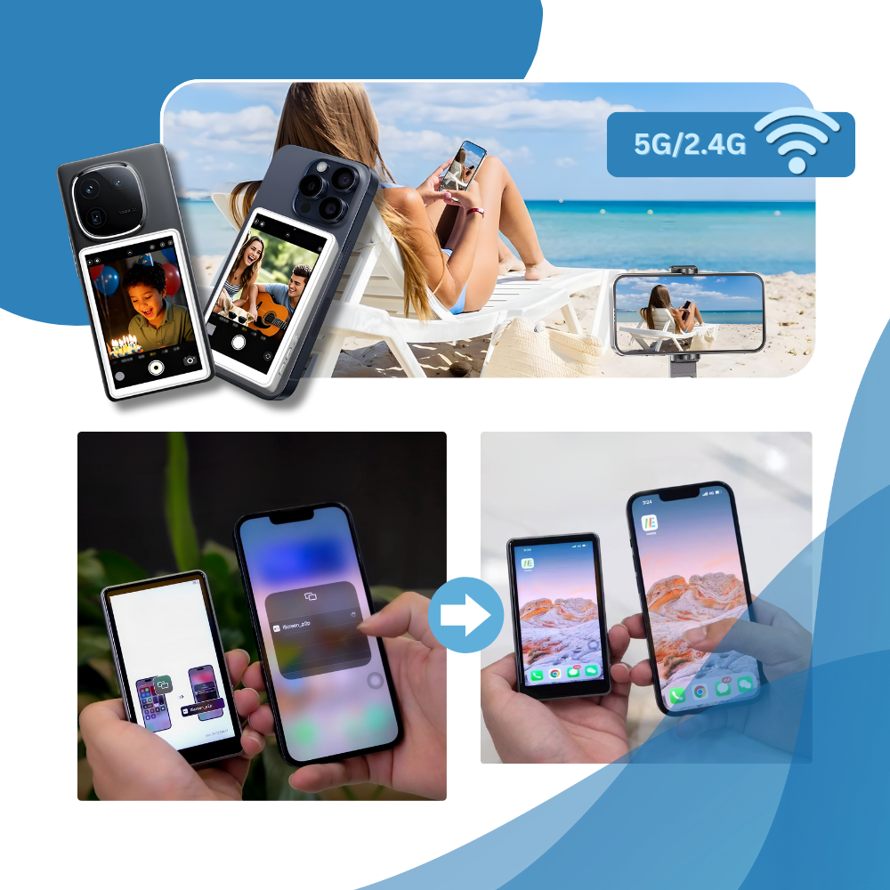 Monitor magnético Moultrie para telefone móvel, mostrando uma tela de visualização com suporte e acessórios eletrônicos.