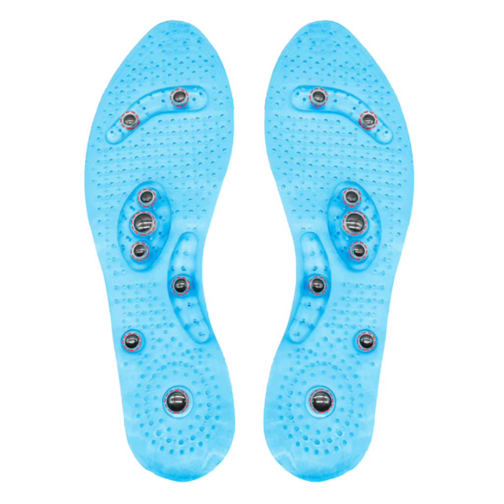 Palmilhas de massagem magnéticas para cuidado dos pés, da marca Aetomce, com design azul para reflexologia e relaxamento.
