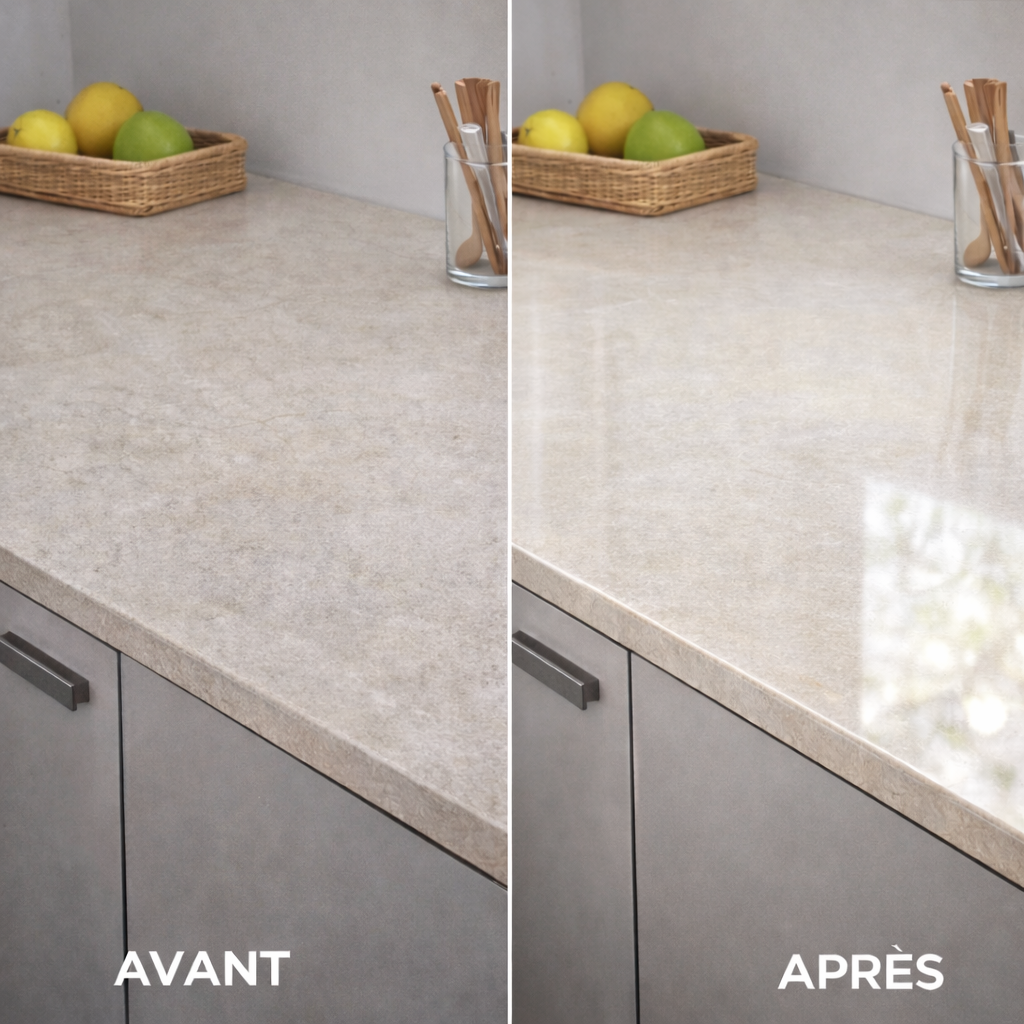 Agente platificante nanocristalino 3-em-1 da Maison Elara para limpar, proteger e renovar superfícies de pedra e azulejo.