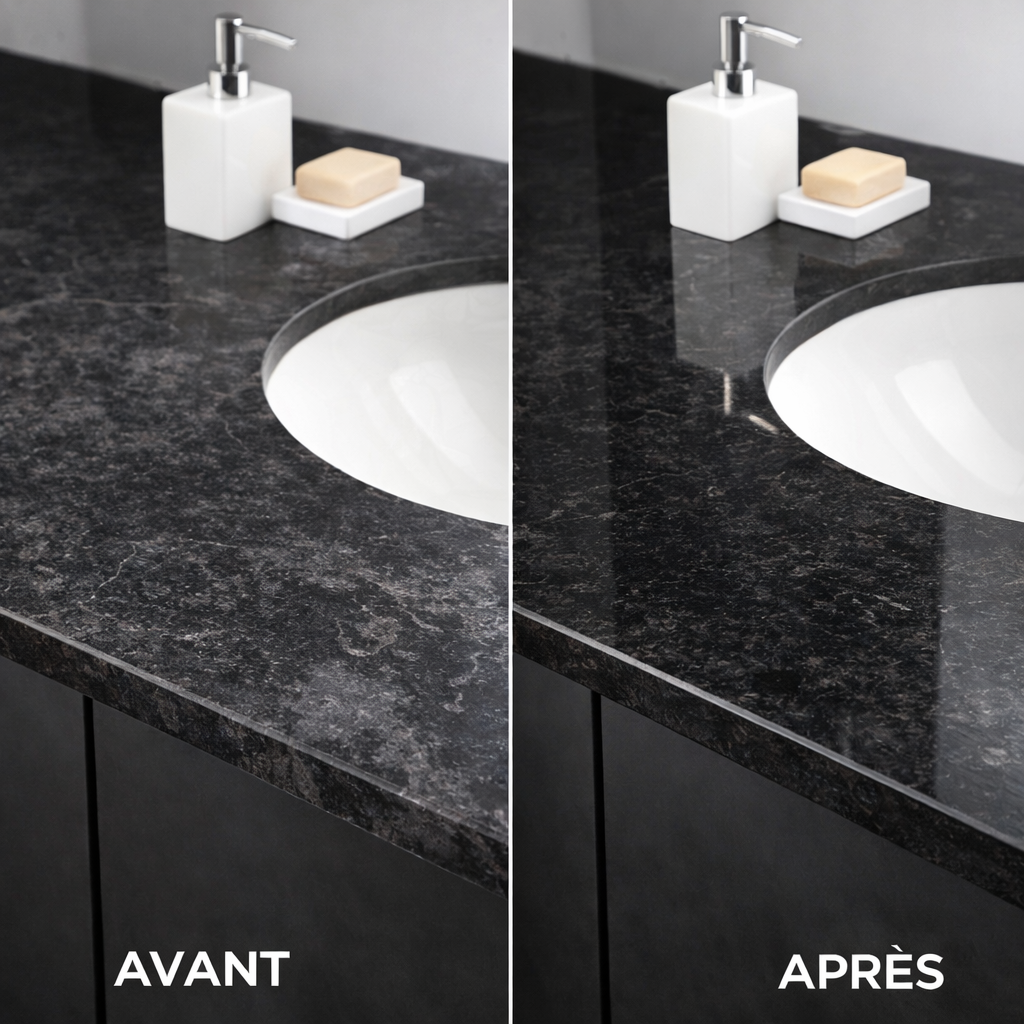 Produto Agent Platifiant Nanocristallin 3-em-1 da Maison Elara França, limpa, protege e renova superfícies de pedra e azulejos.