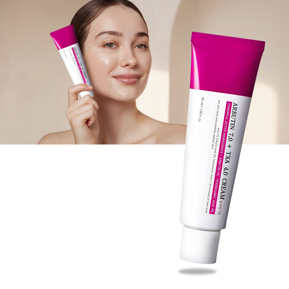 Creme Mantong à l'arbutine e à l'acide tranexamique para revitalizar a pele e reduzir manchas, embalagem de cosméticos.
