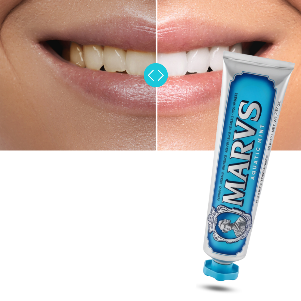 Dentifrício branqueador Marvis de cuidados bucais com sabor de menta, em tubo roxo para higiene dental.
