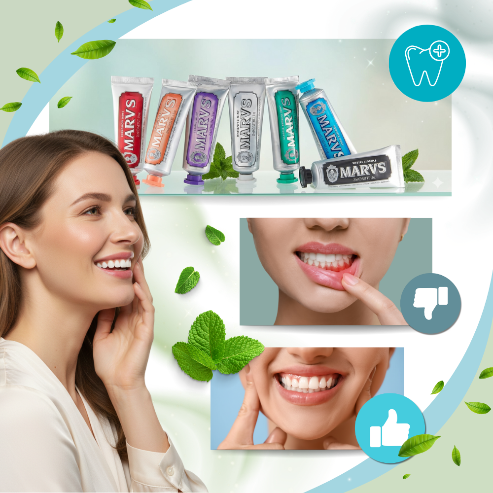 Dentifrício branqueador de menta da marca Marvis, produto de cuidados bucais com embalagem roxa.