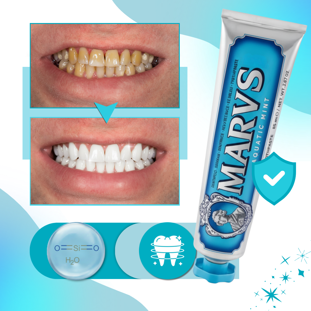 Dentifrício branqueador Marvis com sabor de hortelã, produto para cuidados bucais, embalagem em tom lilás.