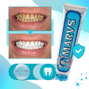 Dentifrício branqueador Marvis com sabor de hortelã, produto para cuidados bucais, embalagem em tom lilás.