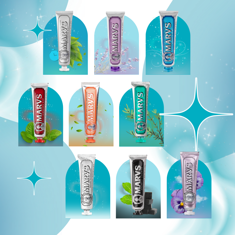Dentifrice blanchissant à la menthe Marvis, soin buccal avec embalagem violeta, idéal para dentes mais brancos e hálito fresco.